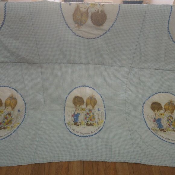 Vintage 70s Petticoats and Pantaloons Blue Gingham Quilt Comforter Full Size - Picture 1 of 5